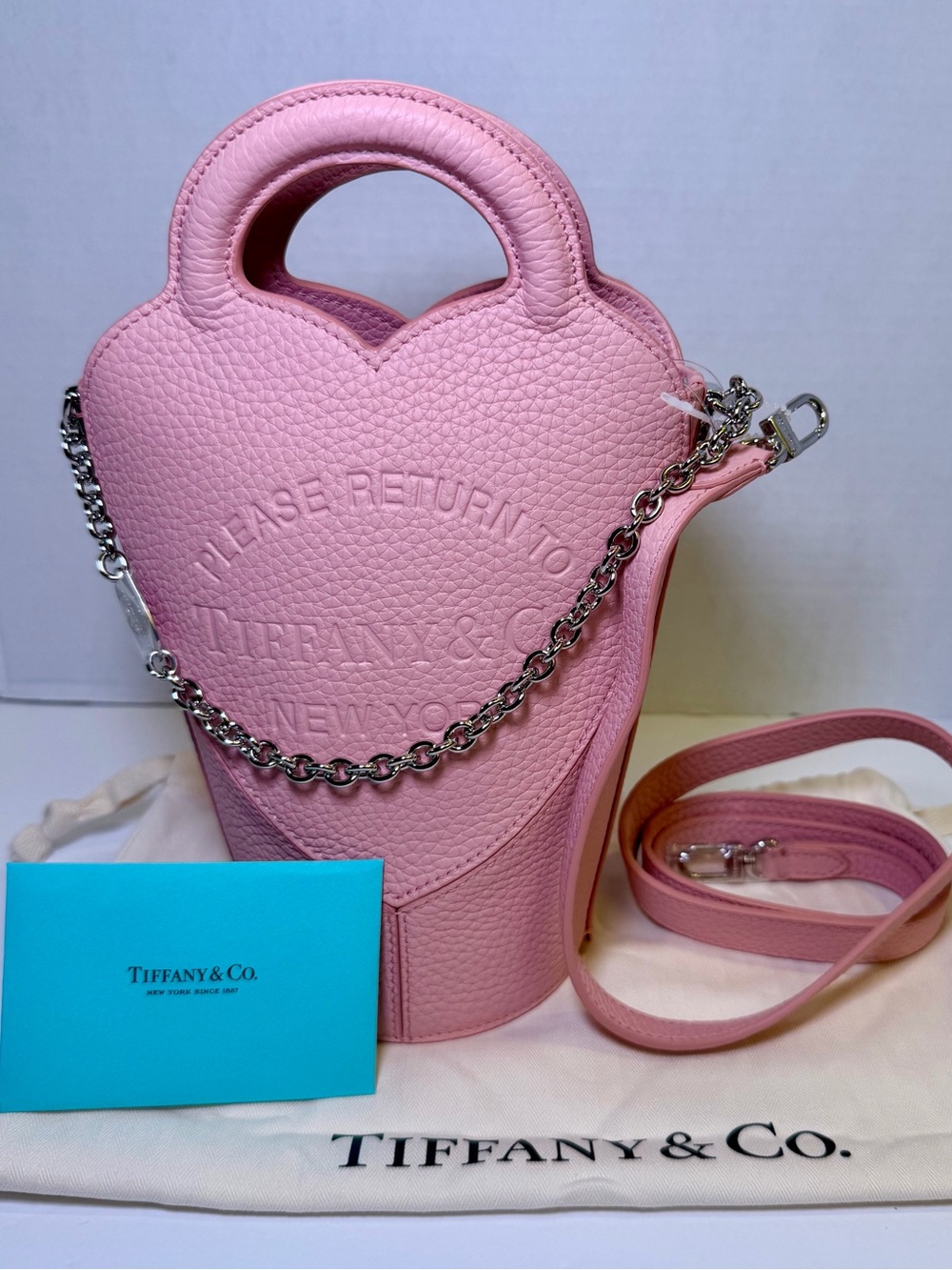 Tiffany & Co. Light Pink Pebbled Leather Heart Tote Bag with Chain
